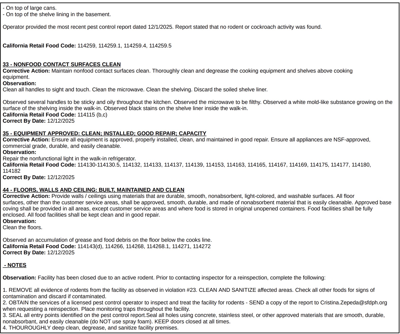 the establishment is expected to correct all the violations